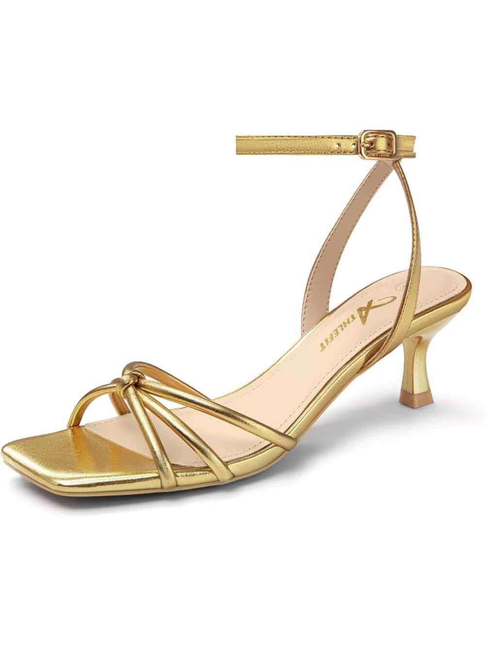 Women's Gold Kitten Low Heels Square Toe Strappy Heeled Sandals PU Leather Heels